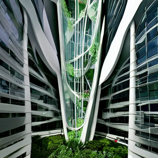 Prompt: zaha hadid biology tower, lush vegetation, light fog