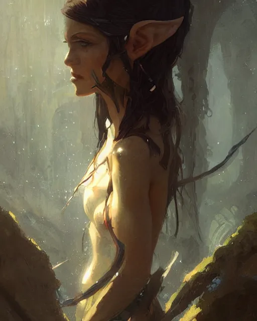 Prompt: An oil painting for an elf woman by Greg Rutkowski