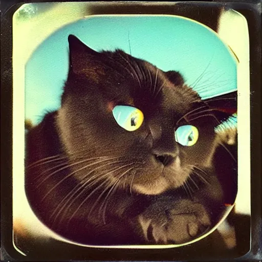 Image similar to black cat in a rollercoaster. the cat looks happy. sunlight. polaroid photo. saturated colors.