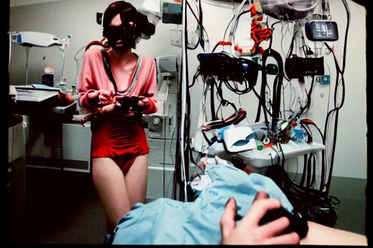 Prompt: 35mm color lomography, last photo, portrait, fashion shoot, weird, random, strange, spooky, interesting, hospital