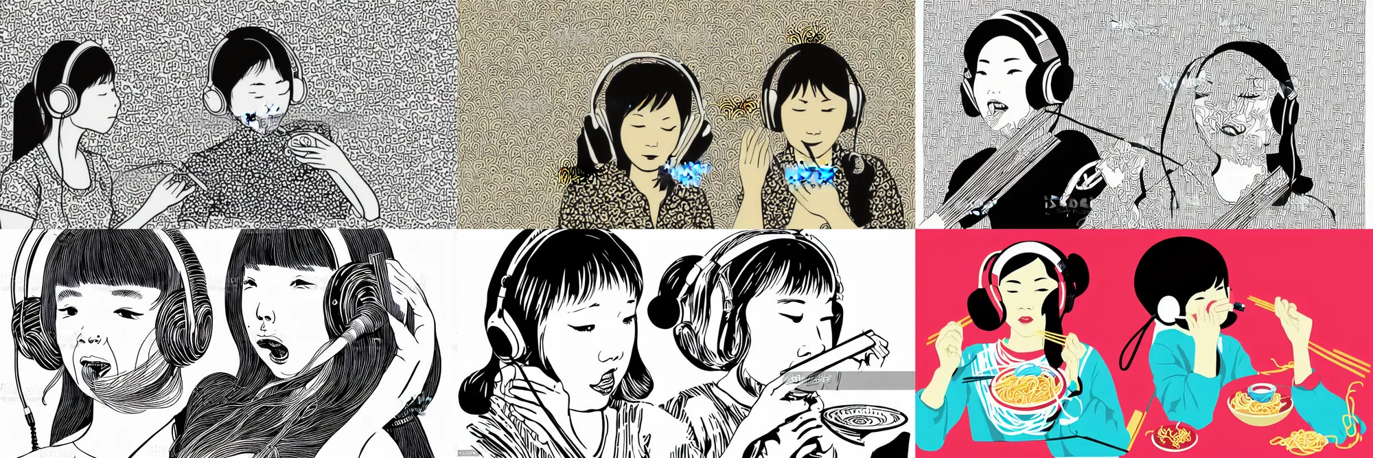 Prompt: vector art illustration of Japanese girl wearing headphones, eating noodles, 4 color print, 1970s