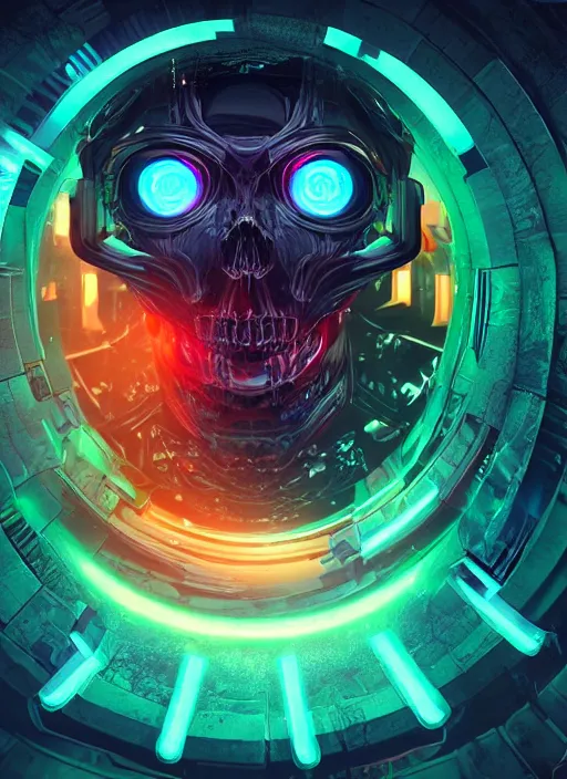 Image similar to a futuristic skull with glowing eyes and a wormhole tunnel, cyberpunk art by android jones, behance contest winner, computer art, darksynth, synthwave, rendered in cinema 4 d