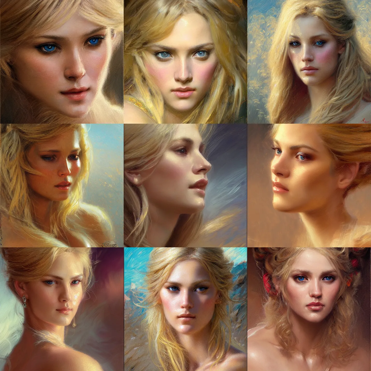 Prompt: portrait of a blonde girl, close up, wide angle, ultra realistic, intricate details, highly detailed, abstract art piece by gaston bussiere, craig mullins, j. c. leyendecker 8 k