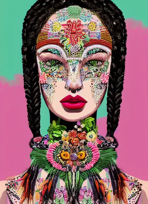 Image similar to beautiful portrait of a super model wearing fantastic dress,embellished beaded feather decorative fringe knots ,colorful pigtail,subtropical flowers and plants,perfect symmetrica body shape,symmetrical face,intricate,elegant,highly detailed,8k,post-processing,digital painting,trending on pinterest,harper's bazaar,concept art, sharp focus, illustration, by artgerm,Tom Bagshaw,Lawrence Alma-Tadema,greg rutkowski,Alphonse Mucha,golden ratio