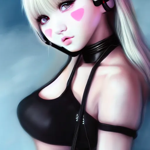Image similar to realistic teasing detailed semirealism beautiful gorgeous cute Blackpink Lalisa Manoban white hair white cat ears blue eyes, wearing black camisole outfit, headphones, black leather choker full HD 4K high resolution quality WLOP, Aztodio, Taejune Kim, Guweiz, Pixiv, Instagram, Artstation