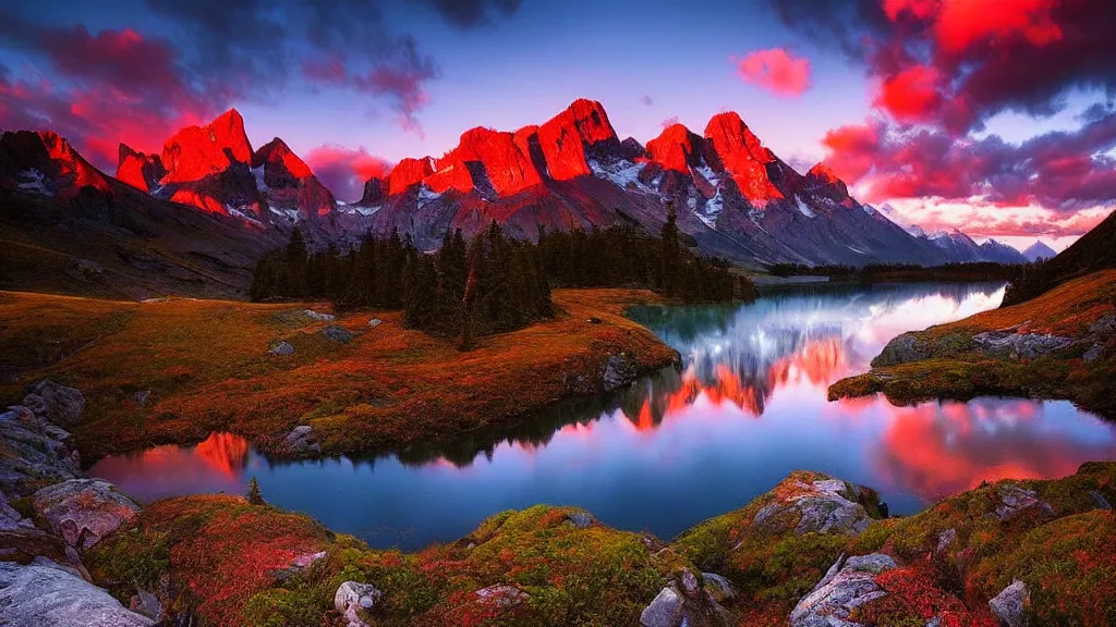 Image similar to amazing landscape photo of mountains with lake in sunset by marc adamus, beautiful dramatic lighting