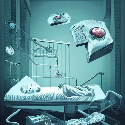 Prompt: I woke up in pieces, hospital bound, surreal, fantasy, digital art