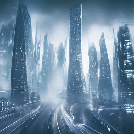 Image similar to futuristic city surrounded by dark mist