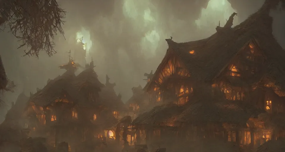 Image similar to big giant ogre troll with a club attacks wooden village houses. Destruction dust and fog. Atmospheric beautiful by Eddie mendoza and Craig Mullins. volumetric lights