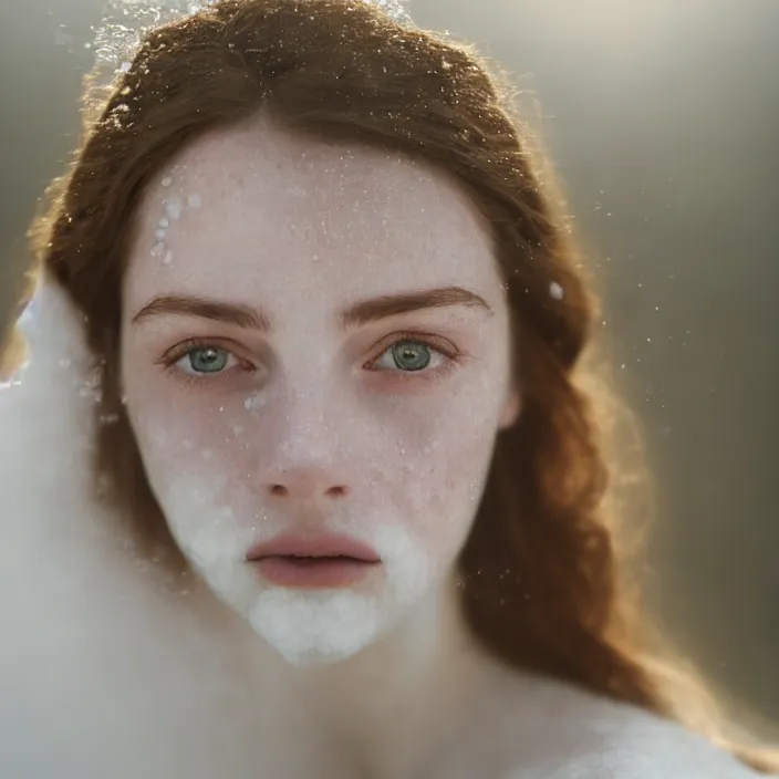 Image similar to Kodak Portra 400, 8K,ARTSTATION, CarolineGariba, soft light, volumetric lighting, highly detailed, britt marling style 3/4 ,portrait photo Close-up portrait photography of a beautiful woman how pre-Raphaelites, the face emerges from Pamukkale, thermal waters flowing down white travertine terraces, inspired by Ophelia paint ,and hair are intricate with highly detailed realistic beautiful flowers , Realistic, Refined, Highly Detailed, interstellar outdoor soft pastel lighting colors scheme, outdoor fine art photography, Hyper realistic, photo realistic