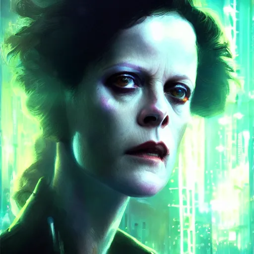 Prompt: sigourney weaver as molly millions, neuromancer, a young beautiful woman, mirror eye implants, cyberpunk, high detail, dramatic light, digital art, dark, promotional art painted by seb mckinnon and greg rutkowski, trending on artstation