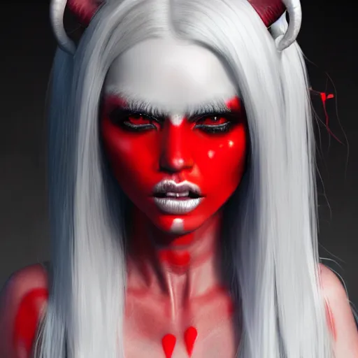 Image similar to a highly detailed portrait of a humanoid demon girl with white hair, red horns, in white clothes, artstation, deviantart, professional, unreal engine 5, photorealistic