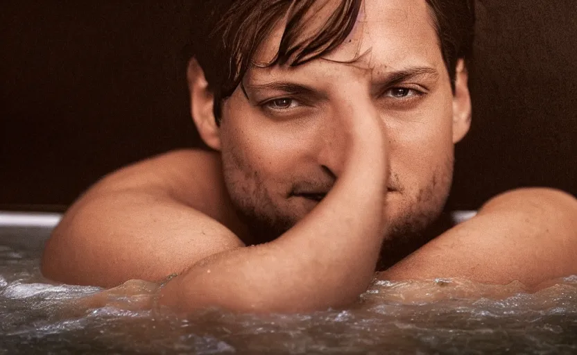 Prompt: photographic portrait by Annie Leibovitz of Tobey Maguire in a hot tub, closeup, foggy, sepia, moody, dream-like, sigma 85mm f/1.4, 15mm, 35mm, 4k, high resolution, 4k, 8k, hd, full color