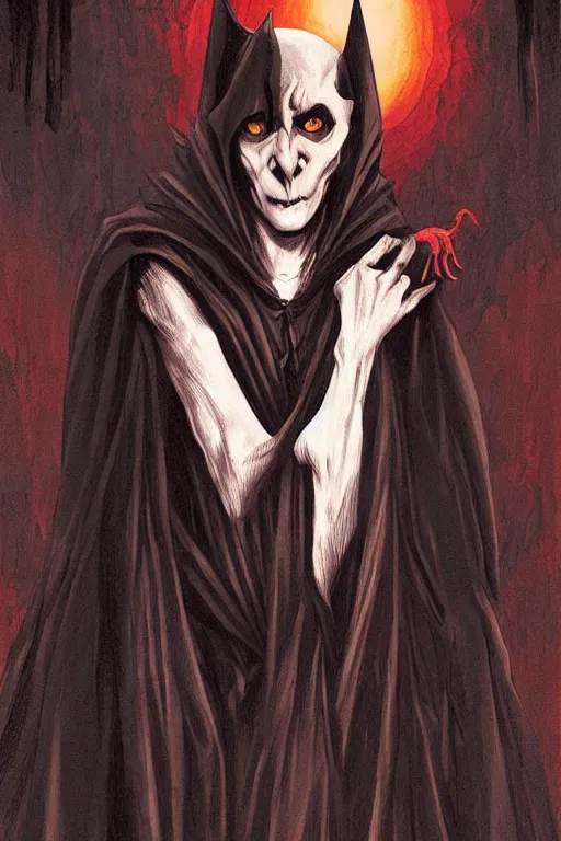 Prompt: nosferatu vampire with visible fangs, poster art by Chris Rallis gothic art, wiccan, macabre