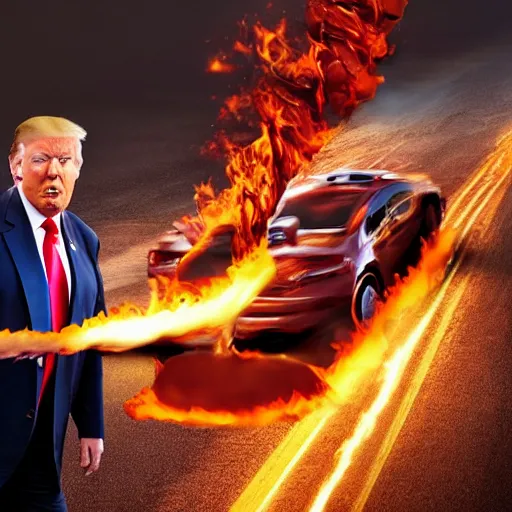 Prompt: photograph of donald trump on the highway firebending cars, dramatization