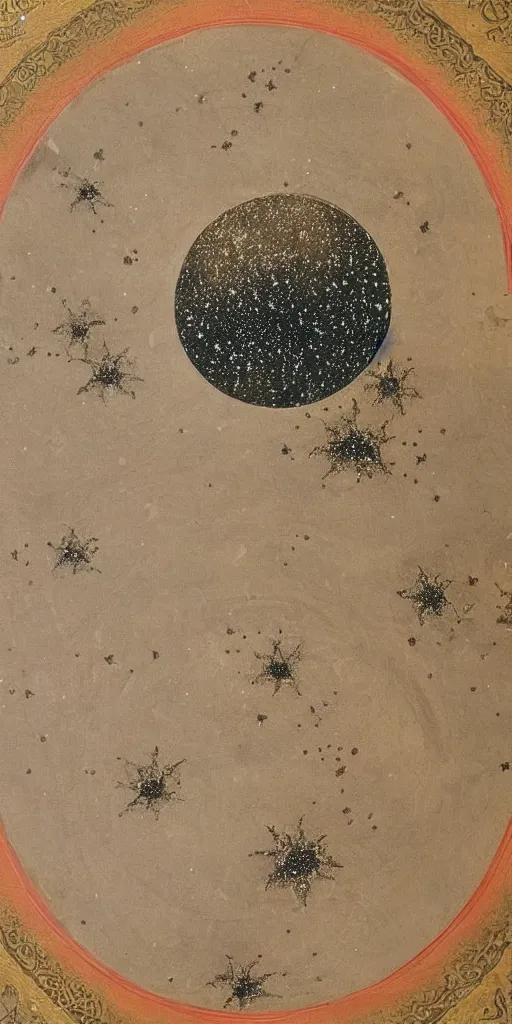 Image similar to oriental painting of the nebula, moon is high above the earth, detailed, refined, high quality, parchment, blackened space, lots of stars