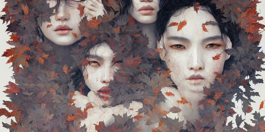 Image similar to breathtaking detailed concept art painting pattern of black faces goddesses amalgamation autumn leaves with anxious piercing eyes, by hsiao - ron cheng and james jean, bizarre compositions, exquisite detail, extremely moody lighting, 8 k