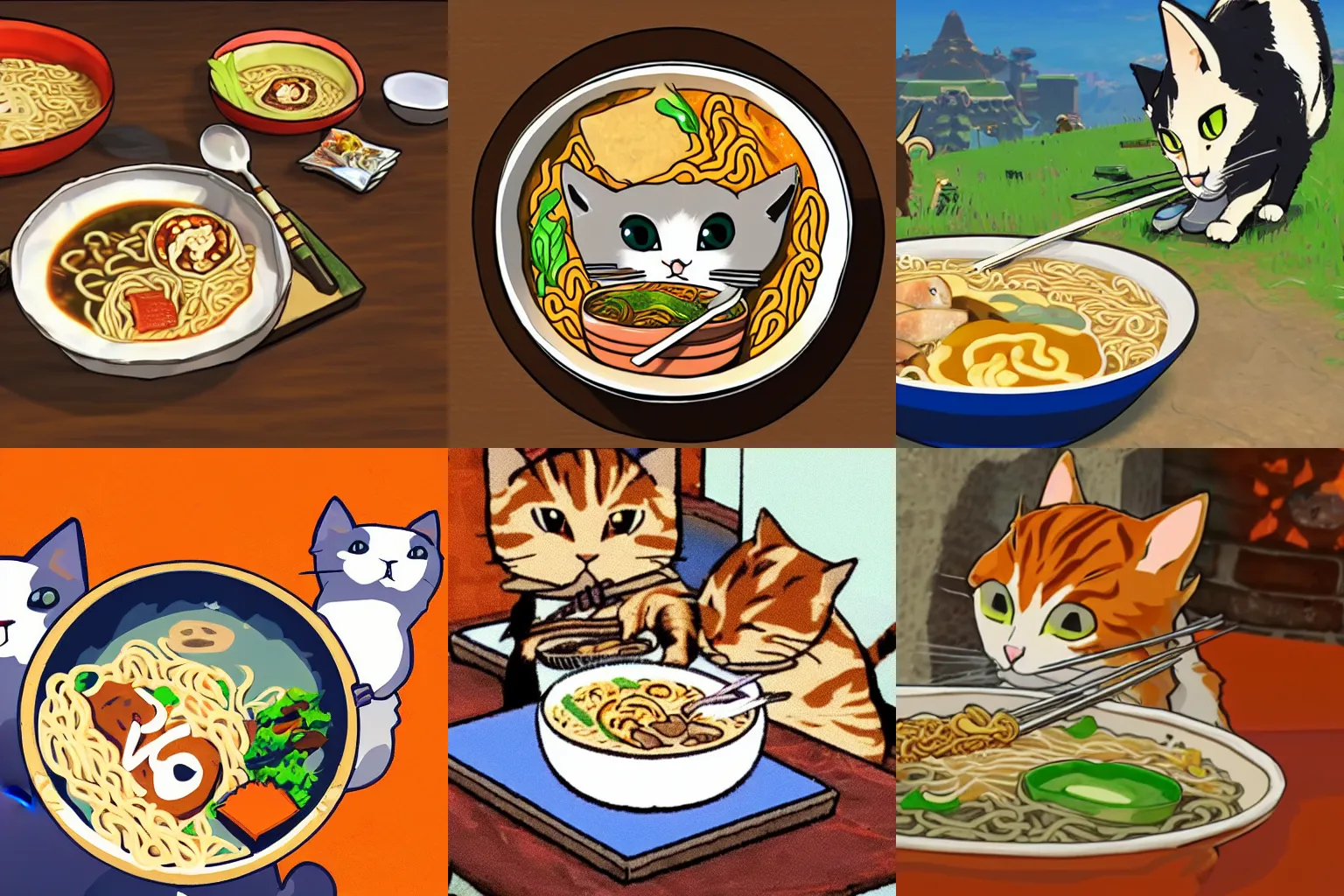 Prompt: Cat eating a bowl of ramen in The Legend of Zelda Breath of the Wild, toon shading, npr