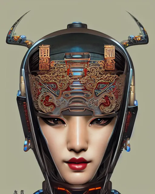 Image similar to portrait of a cyberpunk machine, machine face, upper half portrait, decorated with chinese opera motifs, asian, fine china, traditional chinese art, intricate, elegant, highly detailed, symmetry, headpiece, digital painting, artstation, concept art, smooth, sharp focus, illustration, art by artgerm and greg rutkowski and alphonse mucha, 8 k