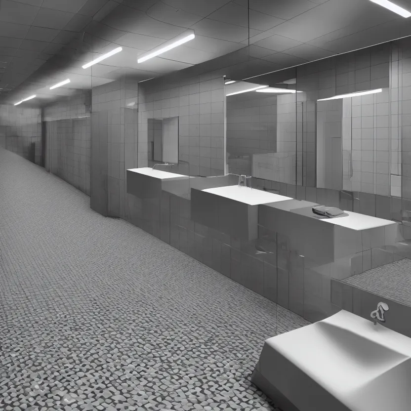Image similar to an infinite public restroom with endless stalls and endless sinks fading into the distance, mirrors!, showers, tile, cinematic lighting, volumetric lighting, award winning photography, highly detailed, intricate, sharp focus, 4 k wallpaper, unreal engine, 9 0 mm, f / 1. 4