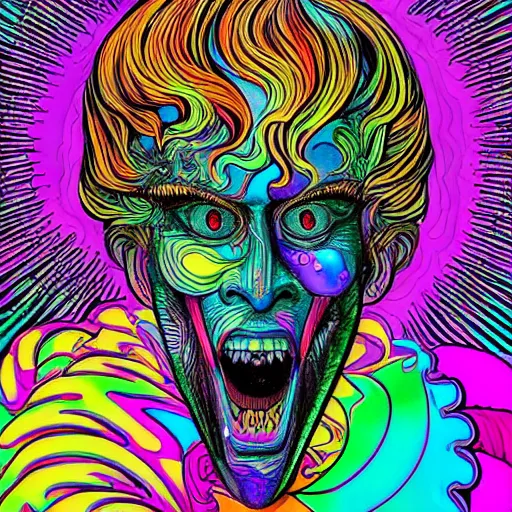 Prompt: a psychedelic godlike humanoid, hyper detailed, in the style of rutkowski and junji ito and bob ross and lisa frank, selfie