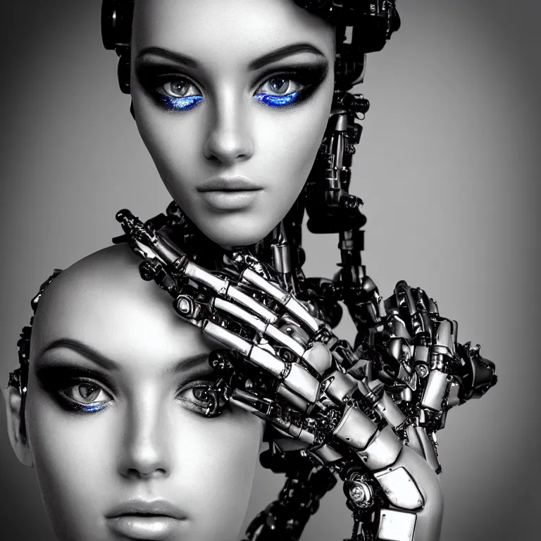 Image similar to “ a realistic photo of a cyborg beauty queen robot with a perfect face and stunning eyes looking at the the camera, fashion photography, 5 5 mm f 2. 8 canon ”