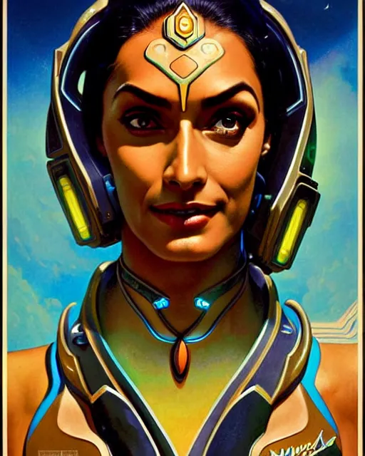 Image similar to symmetra from overwatch, character portrait, portrait, close up, concept art, intricate details, highly detailed, vintage sci - fi poster, retro future, in the style of chris foss, rodger dean, moebius, michael whelan, and gustave dore
