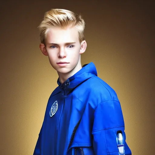 Prompt: A cold portrait of a 16 year old boy with medium length pale blond hair, thin face, scrawny body, his eyes a startling shade of electric blue, over-the-shoulder-shot, wearing a Vault-tec jumpsuit, studio lighting