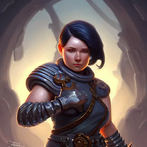 Prompt: muscular female gnome engineer artificer, titanium gauntlet, short black hair, naval landscape, full body portrait, d & d, fantasy, intricate, elegant, highly detailed, digital painting, artstation, centred, rule of thirds, concept art, sharp focus, illustration, cover by artgerm, art by greg rutkowski