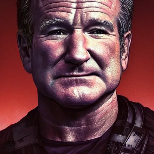 Image similar to Very very very very highly detailed epic photo of Robin Williams, intricate, dystopian, sci-fi, extremely detailed, digital painting, artstation, concept art, smooth, sharp focus, illustration, intimidating lighting, incredible art by Artgerm and Vincent di Fate