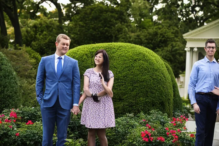 Image similar to beautiful 3 5 year old female president alone in the white house rose garden with her two boyfriends, holding hands, professional photo, dslr, bokeh, romantic