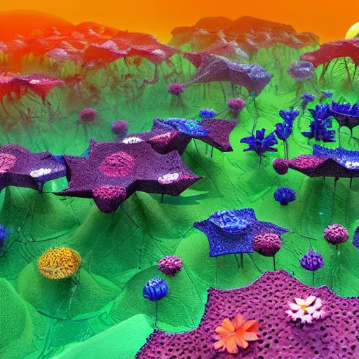 Image similar to an epic flowering alien landscape in the style of origami, 8 k, cinematic light, artstation