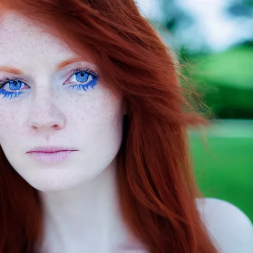 Image similar to close up portrait photo of the left side of the face of a redhead woman with blue eyes and big black round pupils who looks directly at the camera. Slightly open mouth, face covers half of the frame, with a park visible in the background. 135mm nikon. Intricate. Very detailed 8k. Sharp. Cinematic post-processing. Award winning photography