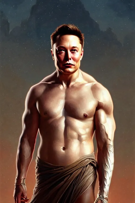 Prompt: Elon Musk as a Greek god, gorgeous, amazing, muscular, fit, very muscular male body, intricate, highly detailed, digital painting, artstation, concept art, sharp focus, illustration, art by greg rutkowski and alphonse mucha