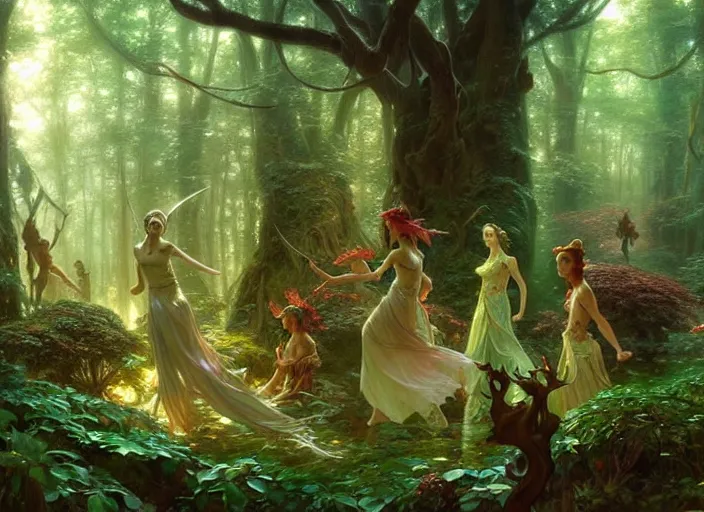 Image similar to an image of a beautiful mythical fantasy forest filled with dancing elves and fairies, by Stanley Artgerm Lau , greg rutkowski, thomas kindkade, alphonse mucha, loish, norman Rockwell