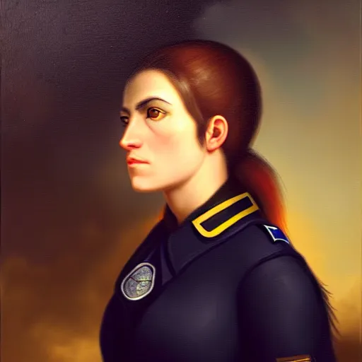 Prompt: a head - and - shoulders portrait of a female wolf wolfwoman wearing a police uniform looking off camera, an american romanticism painting, a portrait painting, cgsociety, soft focus, oil on canvas