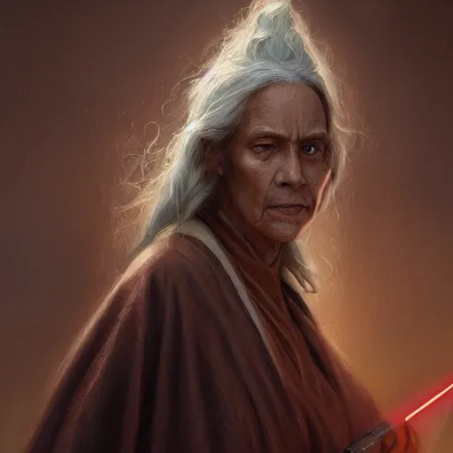 Image similar to portrait of a woman by greg rutkowski, grand jedi master jade skywalker, copper wavy hair, star wars expanded universe, she is about 7 0 years old, wearing jedi robes, wise and serene, highly detailed portrait, digital painting, artstation, concept art, smooth, sharp foccus ilustration, artstation hq