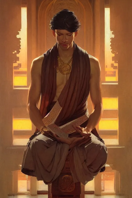 Prompt: male, temple, taoism, lotus, painting by greg rutkowski, j. c. leyendecker, artgerm