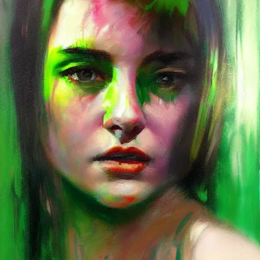 Prompt: portrait of a woman sitting in a bus covered in green paint by casey baugh