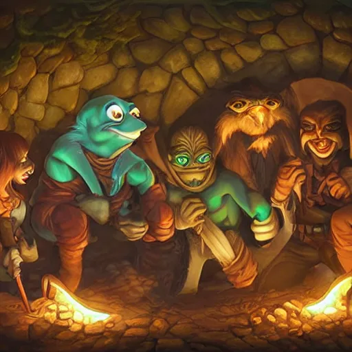 Image similar to D&D, a group of pepe digging in a tunnel by torchlight, artwork by Artgerm, Don Bluth