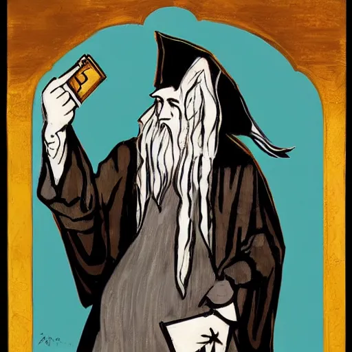 Image similar to dumbledore as art deco, painting