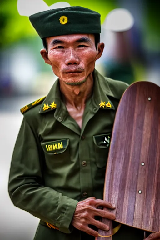 Image similar to vietnam soldier with skateboard, pulitzer award, captured by nikon d 8 5 0, 4 k, body features, face features, bokeh, by daniel berehulak and adnan abidi