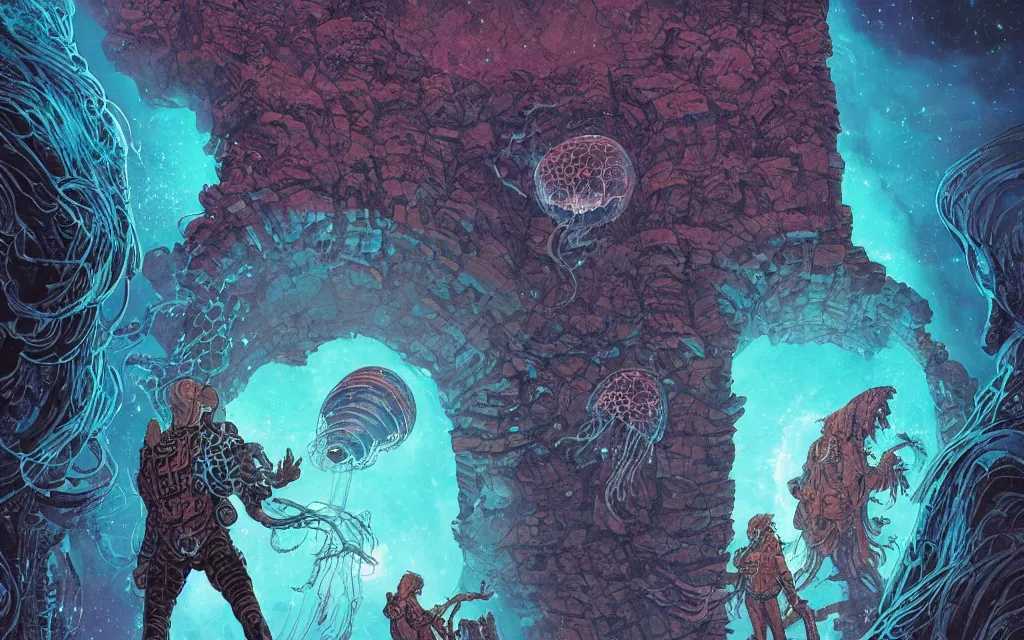 Image similar to a beautiful ultradetailed comic cover art of a gigantic carved stone-arched ancient portal to cosmic nebulae, with glowing jellyfish creatures flying around, by Laurie Greasley and Peter Mohrbacher and Quentine Mabilles and Dan Mumford, tarot card art, detailed, cyberpunk, dramatic lighting