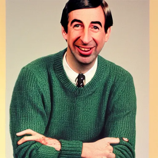 Image similar to mister rodgers in a bloodstained sweater