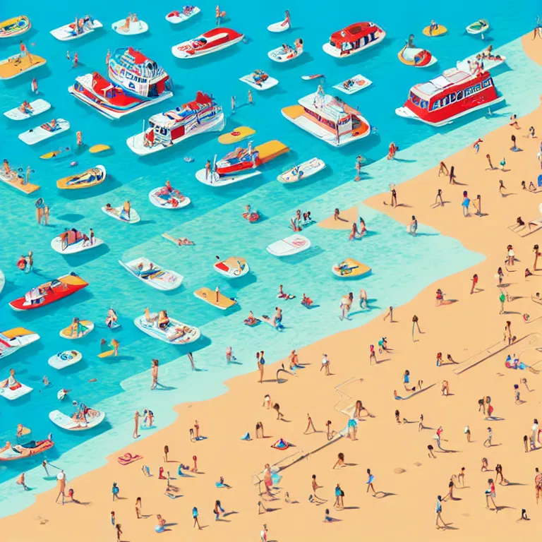 Image similar to high detailed full page spread from the where's waldo at a densely populated beach, isometric, waldo in the top right of frame, high detail illustration, coherent