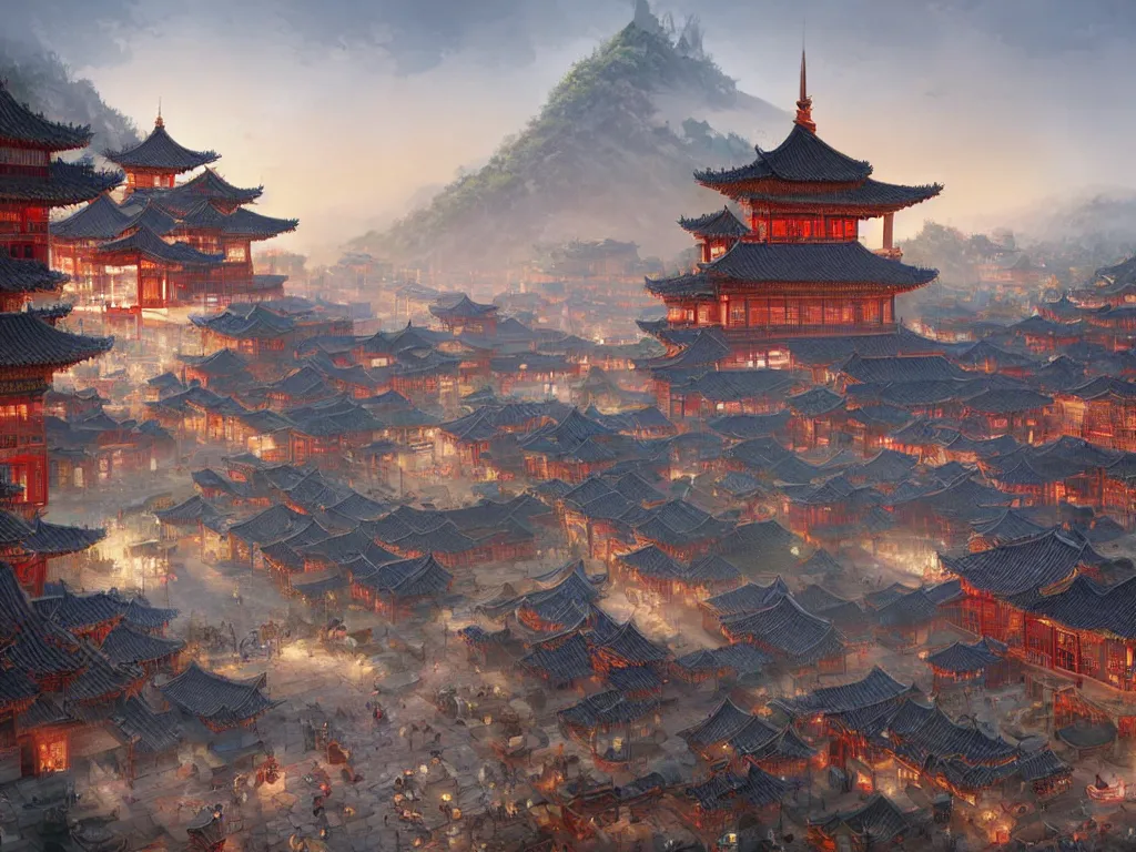 Image similar to ancient chinese city viewed from harbor, d & d digital painting, ultra realistic, beautiful, volumetric lighting, warm colors advance, cell shading, by james jean, greg rutkowski, yoann lossell, raphael lacoste