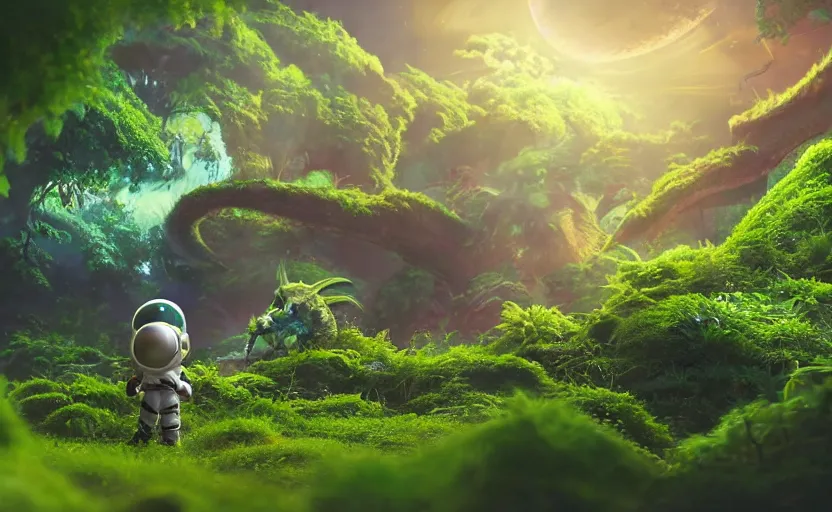 Image similar to a still of a cute adorable tiny astronaut, on a planet of lush foliage, with an enormous kaiju dragon surrounding the background, magical forest, sharp focus, neon backlit, highly detailed, disney pixar studio ghibli makoto shinkai, digital painting, matte, octane render, global illumination, iridescent, anime, 8 k concept art