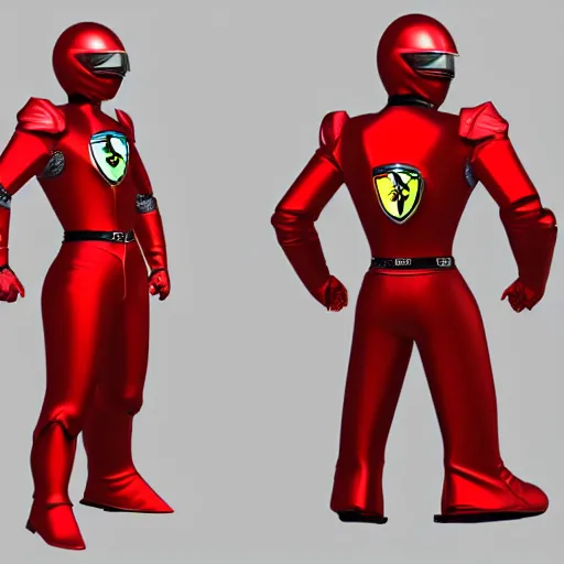 Prompt: Tokusatsu character based on Ferrari, red metallic body, Ferrari logo on it's chest, motorcycle helmet, unreal engine, 3D model