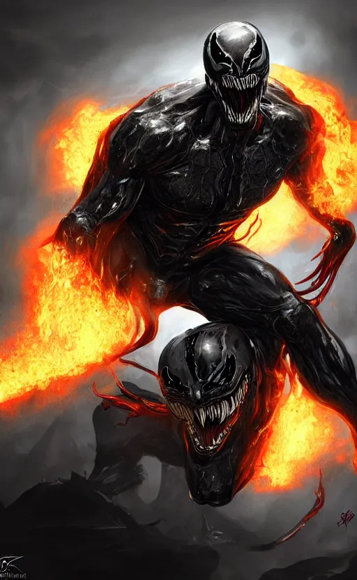 Image similar to venom as ghost rider, dynamic lighting, photorealistic fantasy concept art, trending on art station, stunning visuals, terrifying, creative, cinematic