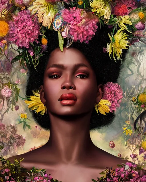 Image similar to portrait of the afro - american queen of the underworld, surrounded by flowers by karol bak, james jean, tom bagshaw, rococo, sharp focus, trending on artstation, cinematic lighting, hyper realism, octane render, 8 k, hyper detailed.